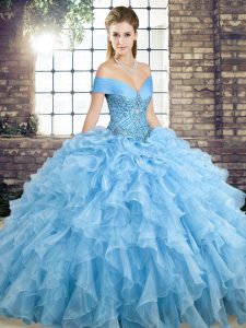 Sleeveless Organza Brush Train Lace Up Quince Ball Gowns in Blue with Beading and Ruffles