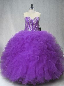 Discount Purple Tulle Lace Up Sweet 16 Quinceanera Dress Sleeveless Floor Length Beading and Ruffles