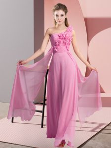 Graceful Rose Pink Empire One Shoulder Sleeveless Chiffon Floor Length Lace Up Hand Made Flower Court Dresses for Sweet 16