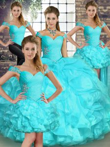 Vintage Aqua Blue Ball Gowns Beading and Ruffles Ball Gown Prom Dress Lace Up Organza Sleeveless Floor Length