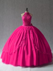 Sleeveless Floor Length Appliques Lace Up 15th Birthday Dress with Fuchsia