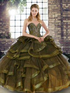Beading and Ruffles Quinceanera Gowns Olive Green Lace Up Sleeveless Floor Length