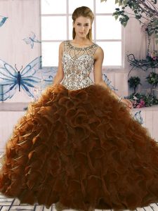 Brown Ball Gowns Beading and Ruffles Quinceanera Dress Lace Up Organza Sleeveless Floor Length