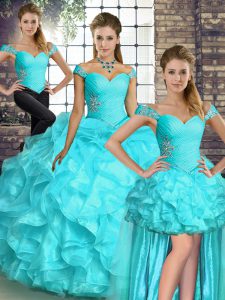 Best Aqua Blue Three Pieces Beading and Ruffles 15th Birthday Dress Lace Up Organza Sleeveless Floor Length