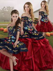 Free and Easy Red And Black Lace Up Quinceanera Gown Embroidery and Ruffles Sleeveless Floor Length