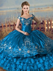 Customized Satin and Organza Off The Shoulder Sleeveless Lace Up Embroidery and Ruffles 15 Quinceanera Dress in Teal