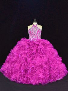 Lovely Fuchsia Halter Top Lace Up Beading and Ruffles Quinceanera Gowns Sleeveless