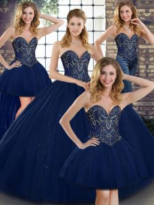 Custom Designed Sleeveless Floor Length Beading Lace Up Quinceanera Gown with Navy Blue