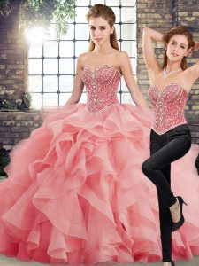 New Arrival Watermelon Red Two Pieces Sweetheart Sleeveless Tulle Brush Train Lace Up Beading and Ruffles Quinceanera Dress