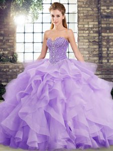 Attractive Lavender Ball Gowns Tulle Sweetheart Sleeveless Beading and Ruffles Lace Up Sweet 16 Quinceanera Dress Brush Train