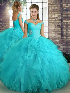 Inexpensive Tulle Off The Shoulder Sleeveless Lace Up Beading and Ruffles Sweet 16 Dress in Aqua Blue