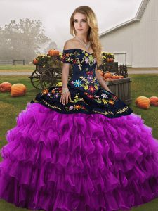 Amazing Black And Purple Sleeveless Floor Length Embroidery and Ruffled Layers Lace Up Sweet 16 Dresses
