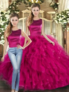 Popular Tulle Scoop Sleeveless Lace Up Ruffles Vestidos de Quinceanera in Fuchsia
