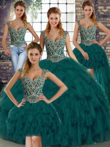 Peacock Green Sweet 16 Dresses Military Ball and Sweet 16 and Quinceanera with Beading and Ruffles Straps Sleeveless Lace Up