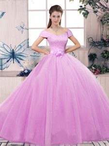 Lilac Short Sleeves Tulle Lace Up Quinceanera Dresses for Military Ball and Sweet 16 and Quinceanera