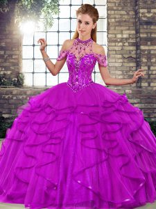 Purple Sweet 16 Quinceanera Dress Military Ball and Sweet 16 and Quinceanera with Beading and Ruffles Halter Top Sleeveless Lace Up