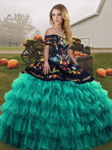 Fine Turquoise Organza Lace Up Off The Shoulder Sleeveless Floor Length 15 Quinceanera Dress Embroidery and Ruffled Layers