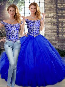 Noble Royal Blue Off The Shoulder Lace Up Beading and Ruffles Vestidos de Quinceanera Sleeveless