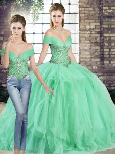 Apple Green Two Pieces Tulle Off The Shoulder Sleeveless Beading and Ruffles Floor Length Lace Up Sweet 16 Quinceanera Dress