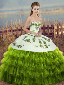 New Arrival Organza Sweetheart Sleeveless Lace Up Embroidery and Ruffled Layers and Bowknot Sweet 16 Dresses in Olive Green