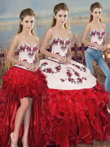 Adorable White And Red Sleeveless Organza Lace Up Quinceanera Gown for Military Ball and Sweet 16 and Quinceanera