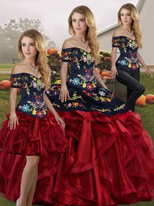 Noble Red And Black Sleeveless Organza Lace Up Vestidos de Quinceanera for Military Ball and Sweet 16 and Quinceanera