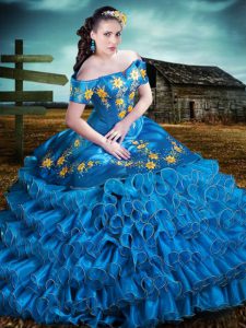 Blue Lace Up Off The Shoulder Embroidery and Ruffles Vestidos de Quinceanera Organza Sleeveless