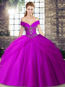 Latest Purple Ball Gowns Off The Shoulder Sleeveless Tulle Brush Train Lace Up Beading and Pick Ups Quinceanera Dress