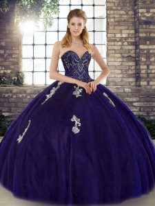 Purple Tulle Lace Up Sweetheart Sleeveless Floor Length Sweet 16 Dress Beading and Appliques