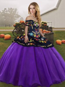 Designer Purple Ball Gowns Embroidery Sweet 16 Dresses Lace Up Tulle Sleeveless Floor Length