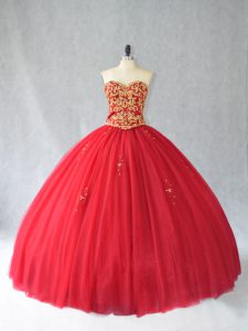 Red Ball Gowns Beading Quince Ball Gowns Lace Up Tulle Sleeveless