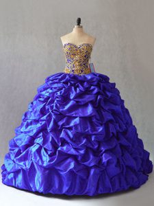 Gorgeous Taffeta Sweetheart Sleeveless Brush Train Lace Up Beading and Pick Ups Quinceanera Gowns in Royal Blue