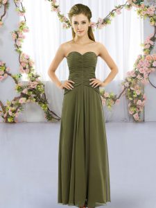 Attractive Olive Green Chiffon Lace Up Quinceanera Dama Dress Sleeveless Floor Length Ruching