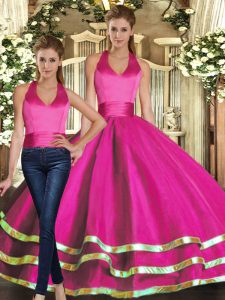 Ruffled Layers Quince Ball Gowns Fuchsia Lace Up Sleeveless Floor Length