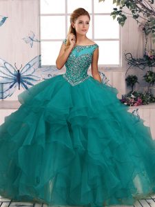 Designer Sleeveless Floor Length Beading and Ruffles Zipper Quinceanera Gowns with Turquoise