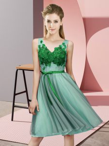 Most Popular V-neck Sleeveless Lace Up Dama Dress for Quinceanera Apple Green Tulle