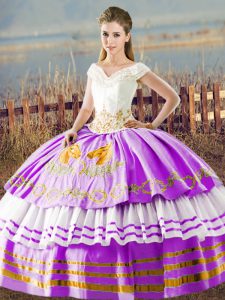 Flare Organza V-neck Sleeveless Lace Up Embroidery and Ruffled Layers Quinceanera Dress in Lilac