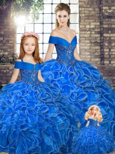 Enchanting Sleeveless Organza Floor Length Lace Up Quinceanera Gowns in Royal Blue with Beading and Ruffles
