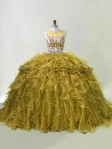 Exceptional Brush Train Two Pieces Quince Ball Gowns Olive Green Scoop Organza Sleeveless Zipper