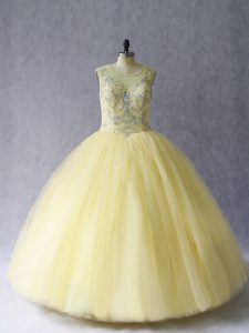 Floor Length Light Yellow Quince Ball Gowns Scoop Sleeveless Lace Up