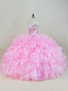Baby Pink Lace Up Sweet 16 Quinceanera Dress Beading and Ruffles Sleeveless Floor Length