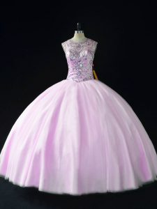 Pretty Beading Quinceanera Gown Lilac Lace Up Sleeveless Floor Length