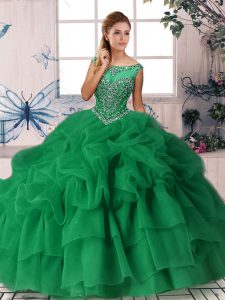 Customized Sleeveless Organza Brush Train Zipper Quinceanera Gowns in Green with Beading and Pick Ups
