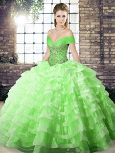 Organza Lace Up Ball Gown Prom Dress Sleeveless Brush Train Beading and Ruffled Layers