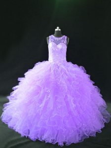 Lavender Ball Gowns Organza Scoop Sleeveless Beading and Ruffles Floor Length Lace Up Quince Ball Gowns