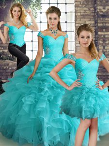 Latest Floor Length Lace Up 15th Birthday Dress Aqua Blue for Military Ball and Sweet 16 and Quinceanera with Beading and Ruffles and Pick Ups