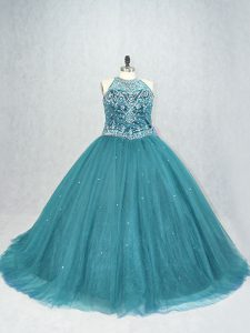 Luxurious Teal Lace Up Scoop Beading Vestidos de Quinceanera Tulle Sleeveless Brush Train