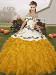 Suitable Organza Off The Shoulder Sleeveless Lace Up Embroidery and Ruffles Quinceanera Dresses in Gold