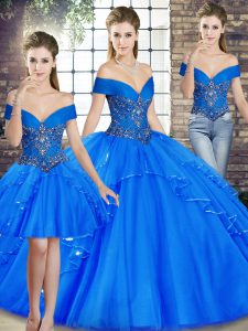 Simple Royal Blue Vestidos de Quinceanera Military Ball and Sweet 16 and Quinceanera with Beading and Ruffles Off The Shoulder Sleeveless Lace Up