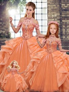 Orange Ball Gown Prom Dress Military Ball and Sweet 16 and Quinceanera with Beading and Ruffles Halter Top Sleeveless Lace Up